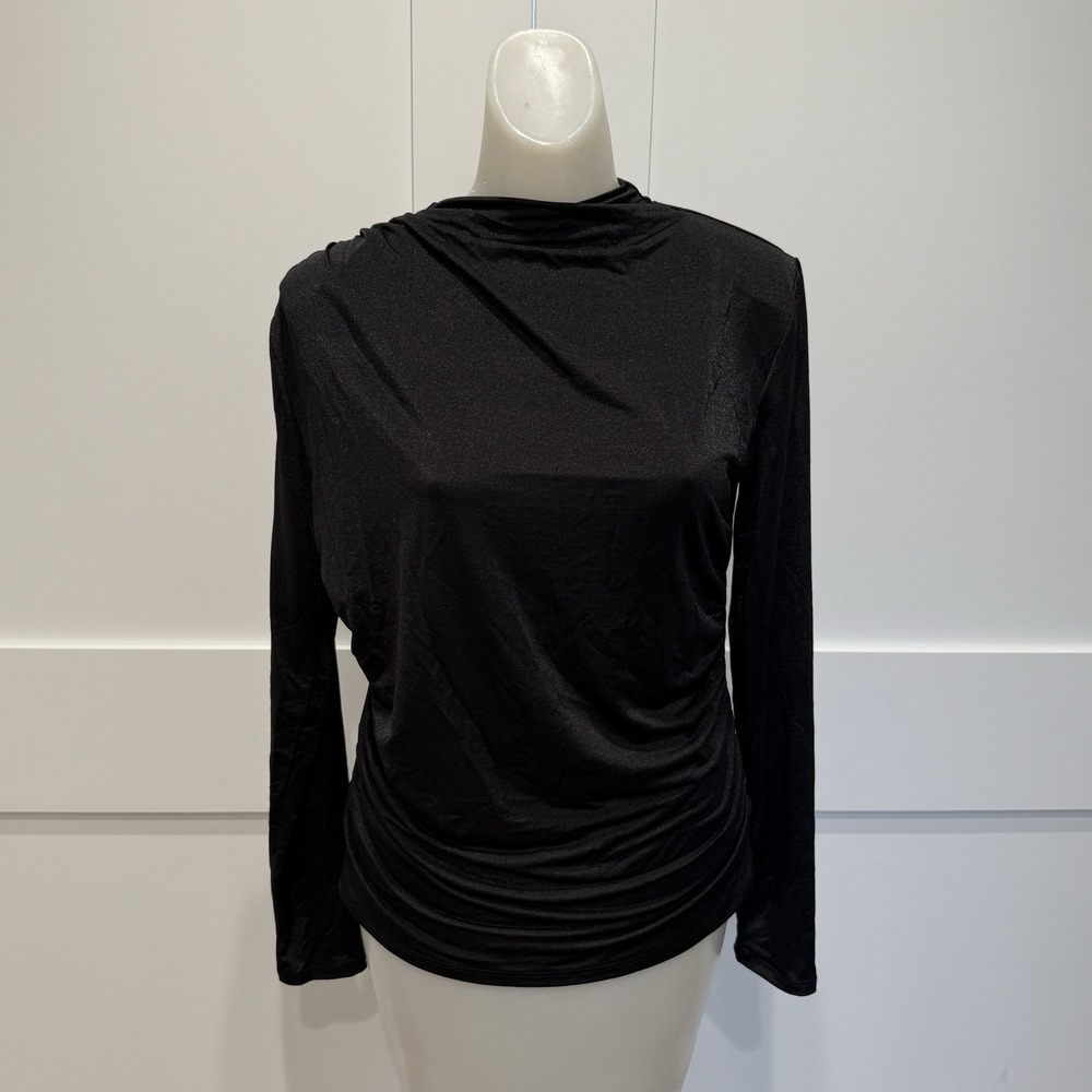 Womens H&M Draped Jersey Sparkly Top Asymmetrical Shoulder Ruching Black Size M